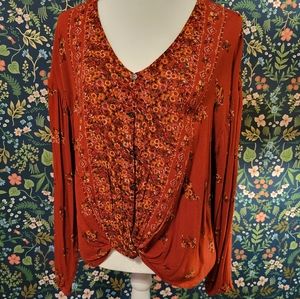 Blue Rain Orange Floral Botton-front Drapey Blouse Size M